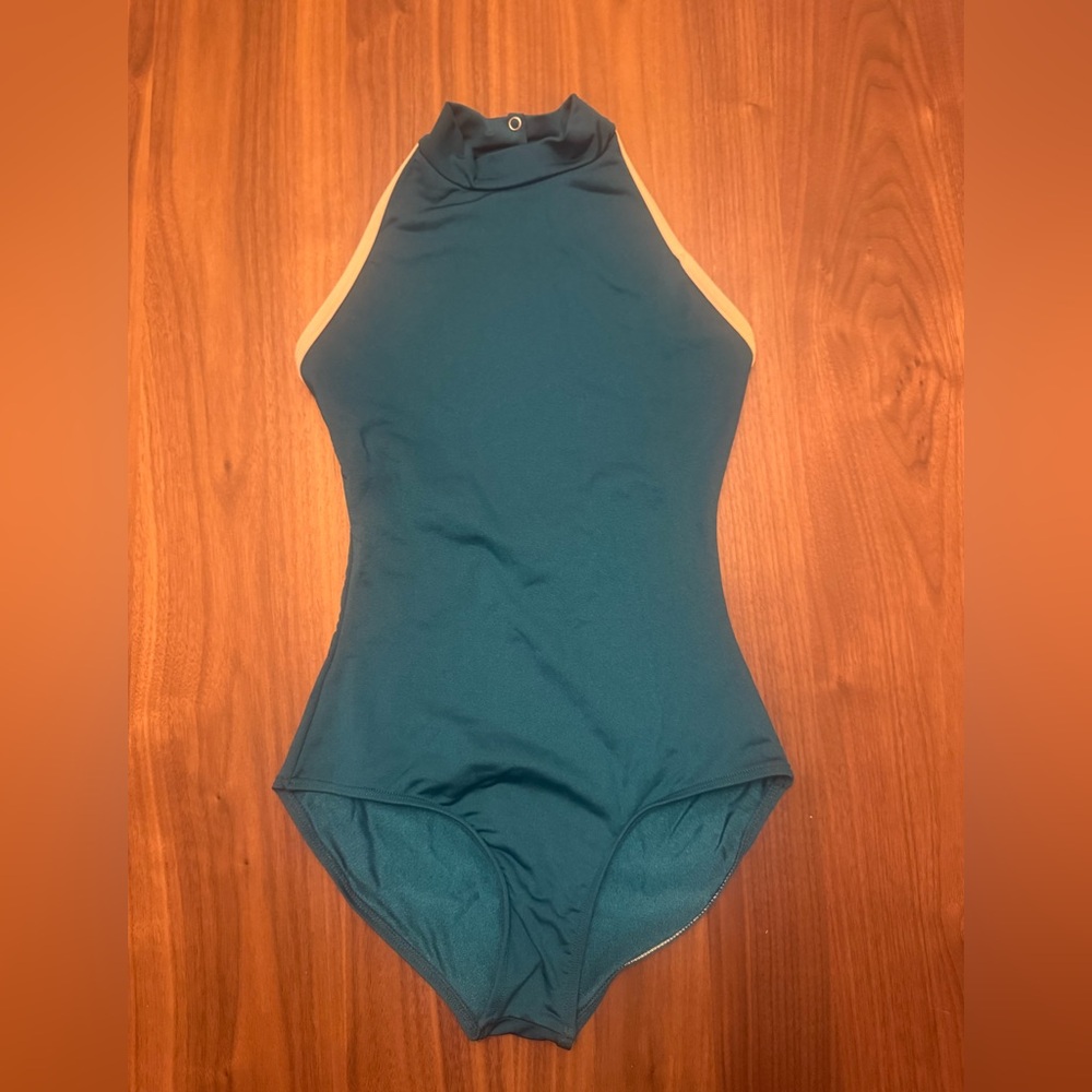 Mariia Women’s Mock Neck Tank Leotard, Back Cutout, Teal, Size Small